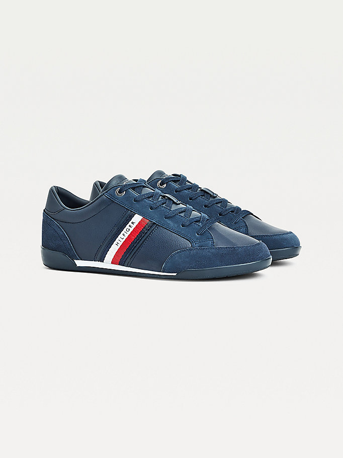 blue signature mixed panel leather trainers for men tommy hilfiger