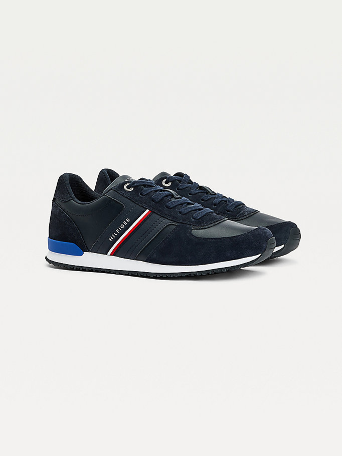 blue iconic suede leather running trainers for men tommy hilfiger