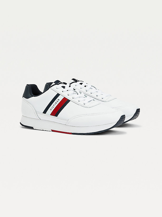 white essential leather signature running trainers for men tommy hilfiger