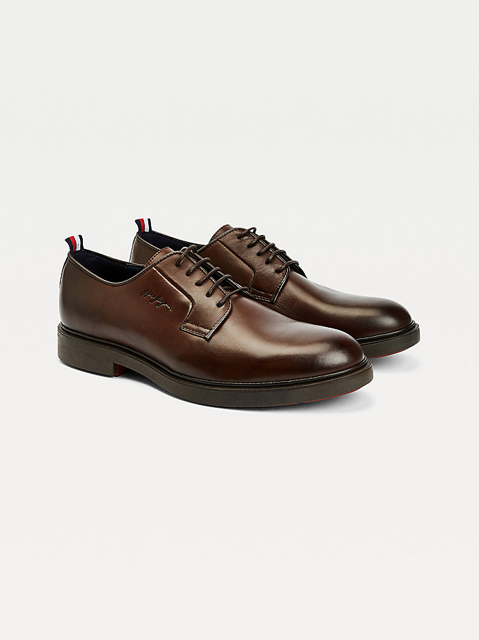 brown elevated signature logo lace-up leather shoes for men tommy hilfiger