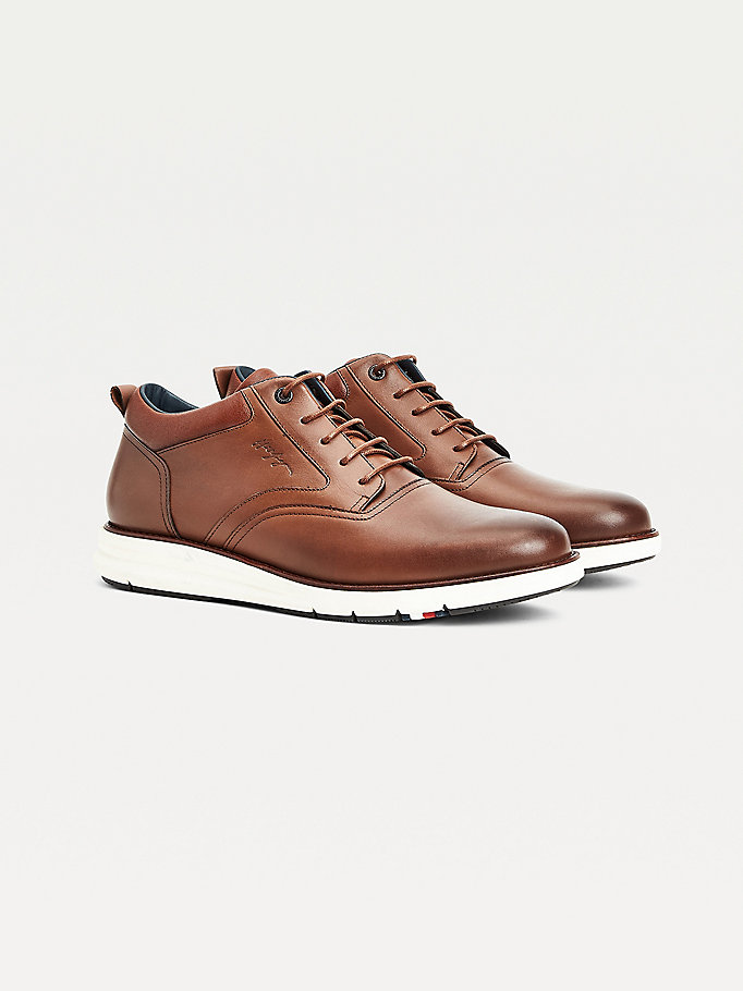 brown smooth leather lace-up hybrid shoes for men tommy hilfiger