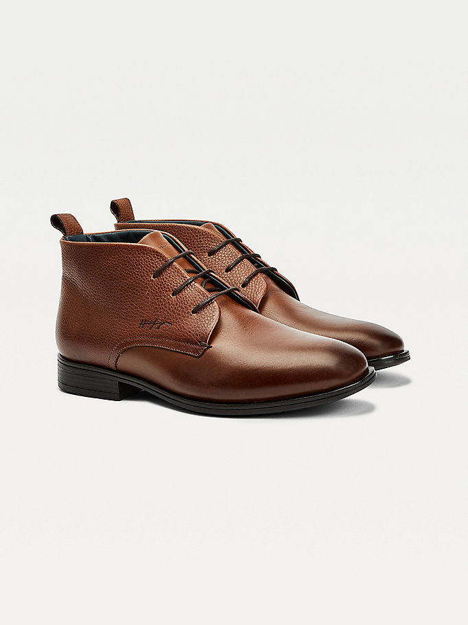 brown leather lace-up boots for men tommy hilfiger