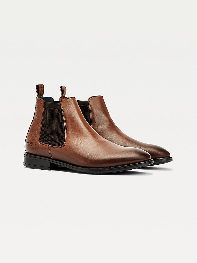 brown leather texture mix chelsea boots for men tommy hilfiger