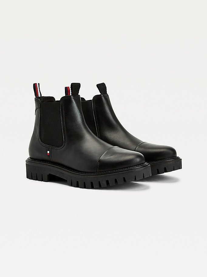 black chunky leather cleat chelsea boots for men tommy hilfiger