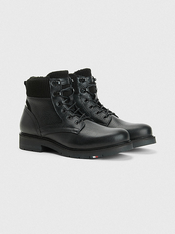 black signature leather cleat boots for men tommy hilfiger