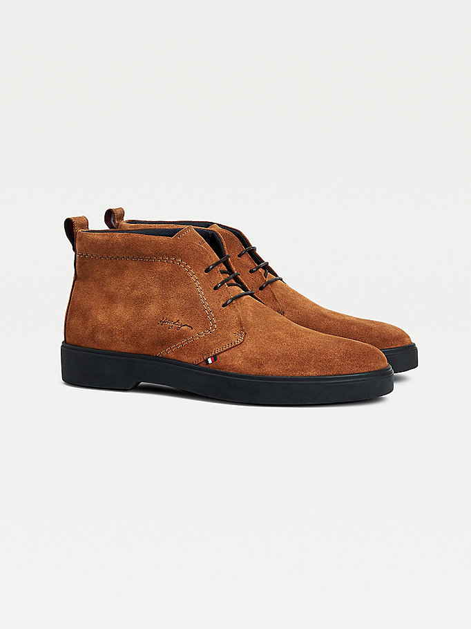 brown classics suede lace-up ankle boots for men tommy hilfiger