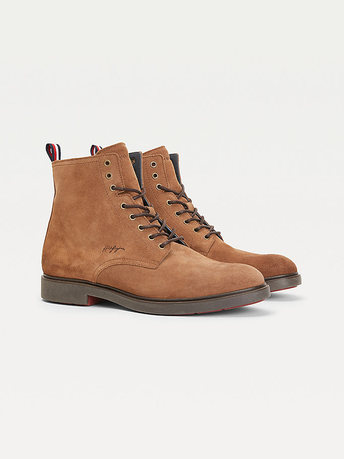 brown elevated suede round toe boots for men tommy hilfiger