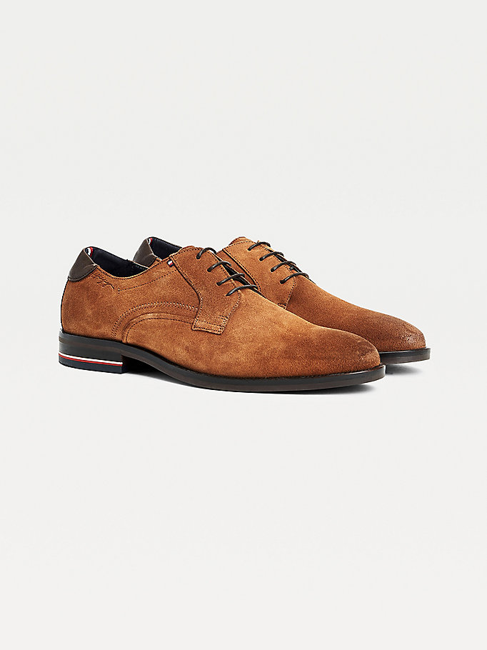 brown signature logo suede lace-up shoes for men tommy hilfiger