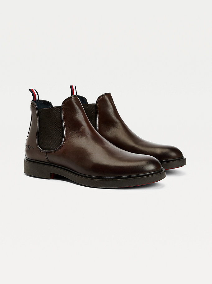 brown elevated leather chelsea boots for men tommy hilfiger