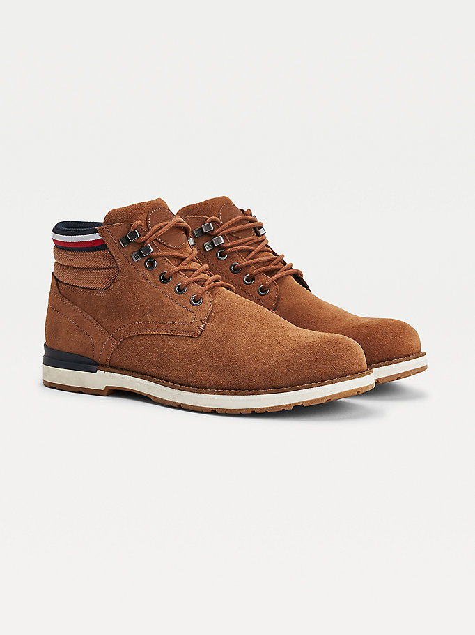 brown suede outdoor lace-up boots for men tommy hilfiger