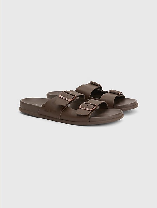brown elevated double buckle leather sandals for men tommy hilfiger