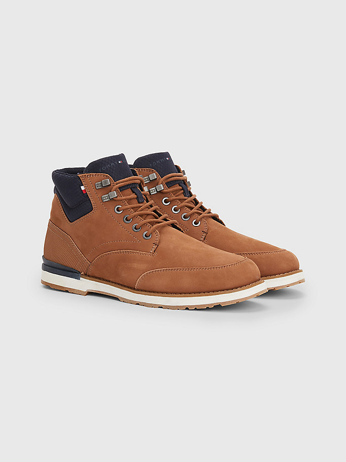 brown nubuck leather mixed texture lace-up boots for men tommy hilfiger