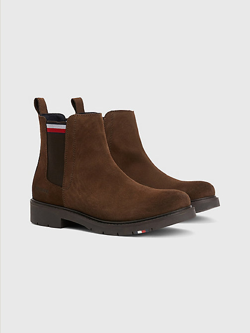 brown signature suede water repellent chelsea boots for men tommy hilfiger