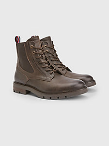 brown leather lace-up cleat chelsea boots for men tommy hilfiger