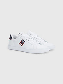 white th monogram embroidery leather trainers for men tommy hilfiger