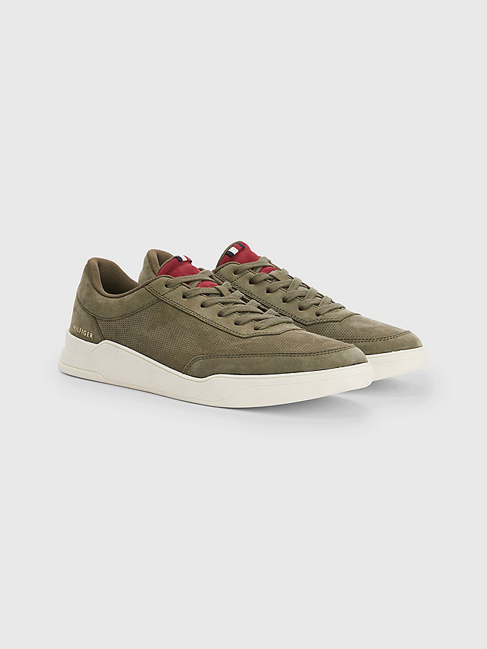 khaki elevated nubuck leather trainers for men tommy hilfiger