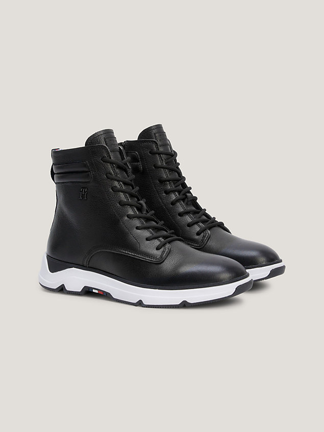 black premium leather monogram hybrid boots for men tommy hilfiger