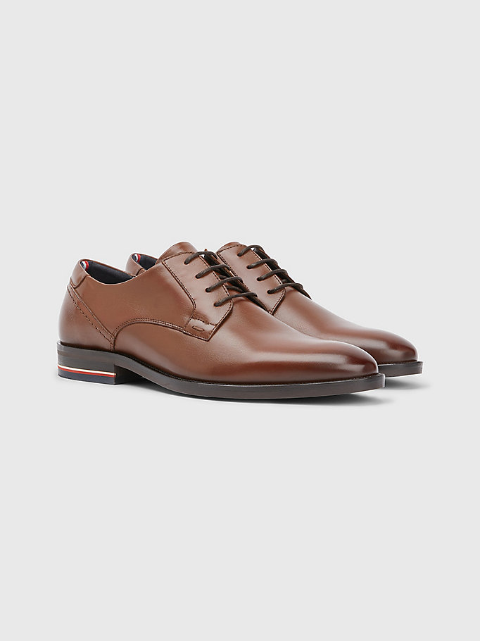 brown signature heel lace-up leather shoes for men tommy hilfiger