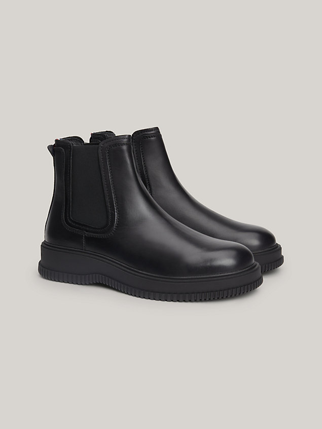 black water-repellent leather chelsea boots for men tommy hilfiger