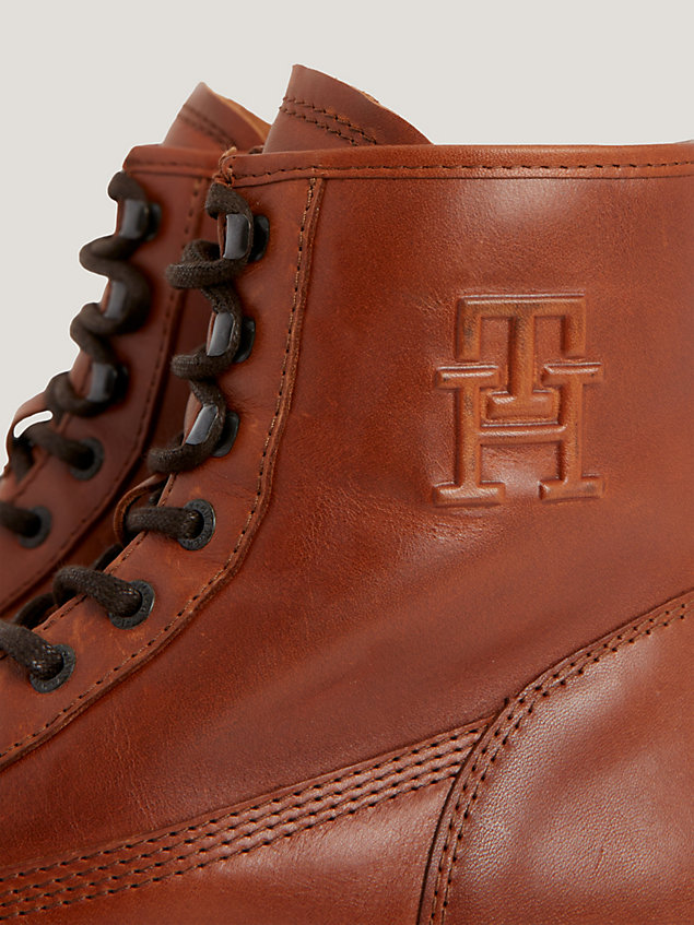 brown warm lined lace-up leather boots for men tommy hilfiger