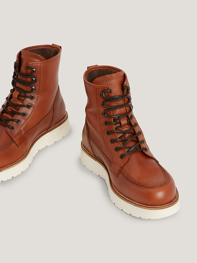 brown warm lined lace-up leather boots for men tommy hilfiger