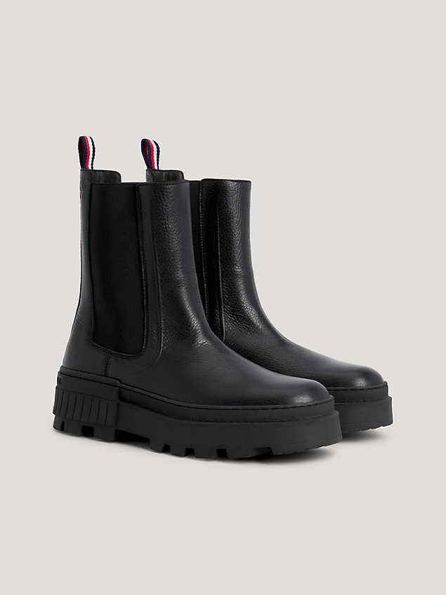 black elevated leather chunky sole chelsea boots for men tommy hilfiger