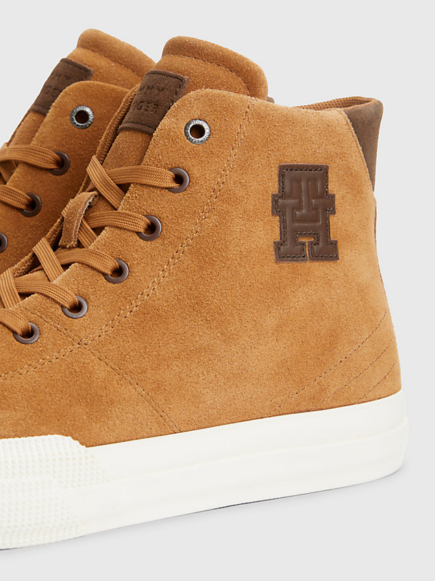 brown premium suede monogram high-top trainers for men tommy hilfiger