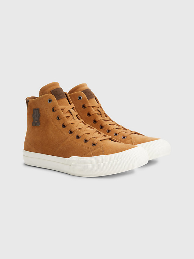 brown premium suede monogram high-top trainers for men tommy hilfiger
