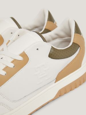 khaki tonal logo leather basketball trainers for men tommy hilfiger