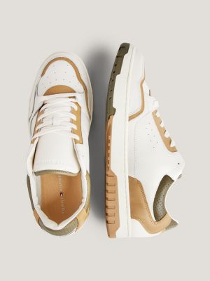 khaki tonal logo leather basketball trainers for men tommy hilfiger
