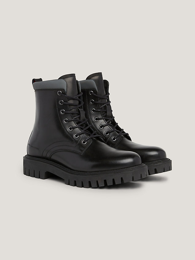 black chunky cleat sole premium leather boots for men tommy hilfiger