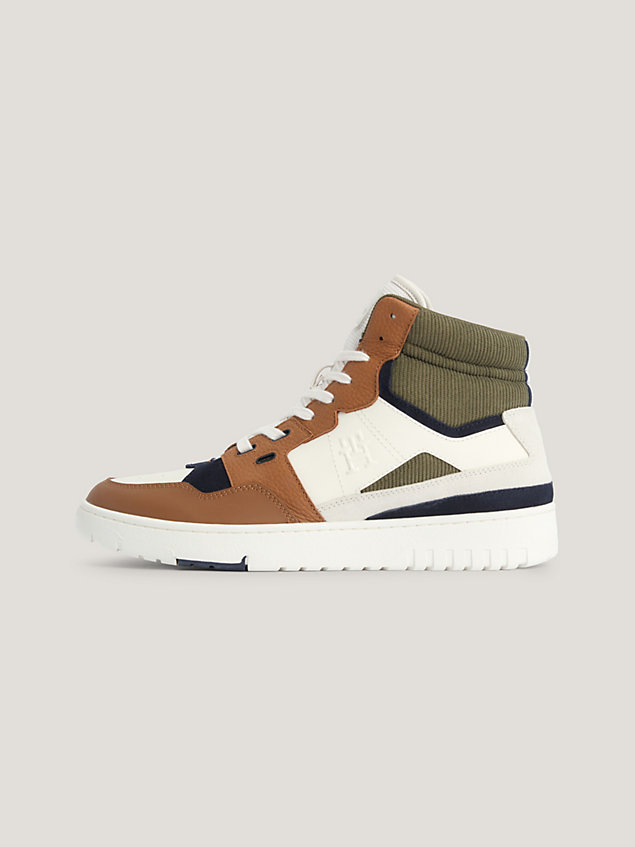 brown mixed texture mid-top basketball trainers for men tommy hilfiger
