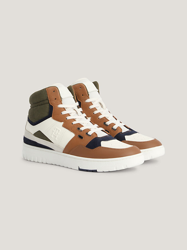 brown mixed texture mid-top basketball trainers for men tommy hilfiger