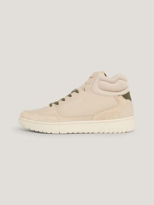 beige mixed texture mid-top cupsole trainers for men tommy hilfiger