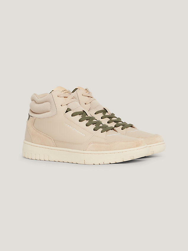 beige mixed texture mid-top cupsole trainers for men tommy hilfiger