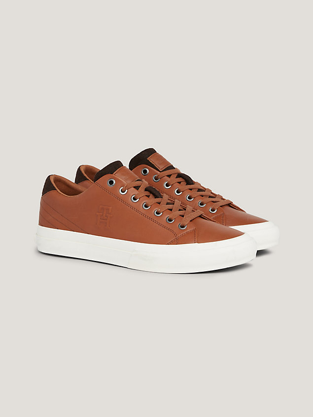 brown premium leather logo trainers for men tommy hilfiger