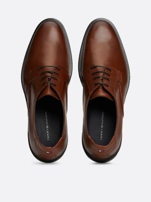 brown leather signature tape derby shoes for men tommy hilfiger