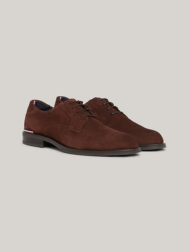 brown signature suede lace-up derby shoes for men tommy hilfiger