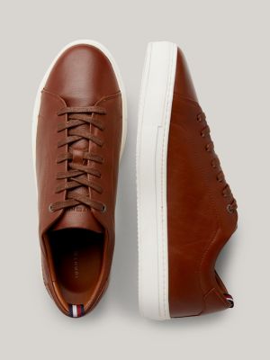 brown premium pebble grain leather cupsole trainers for men tommy hilfiger