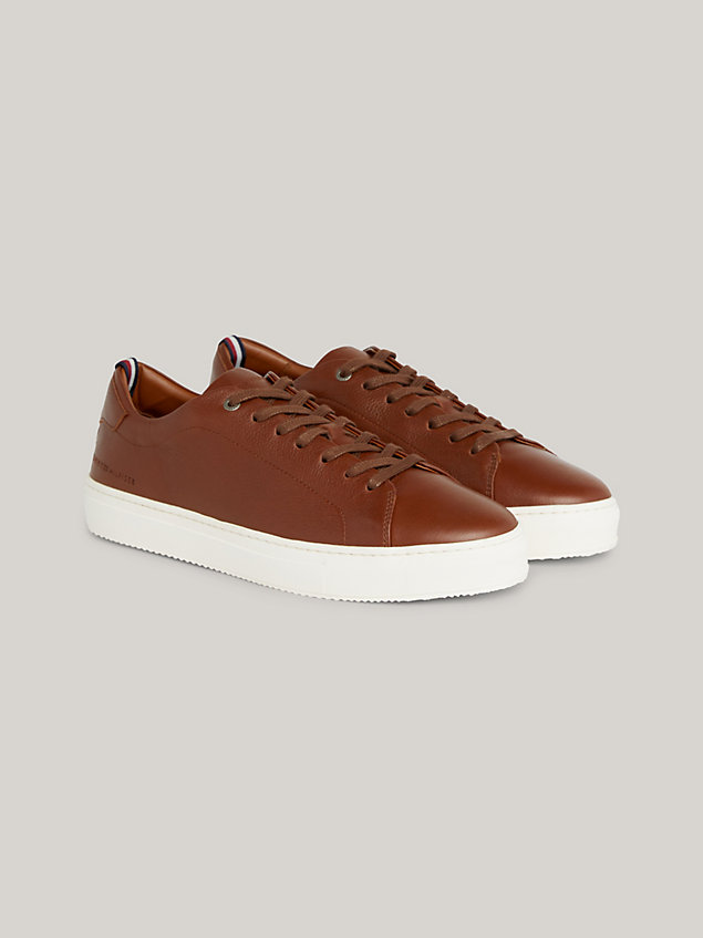 brown premium pebble grain leather cupsole trainers for men tommy hilfiger