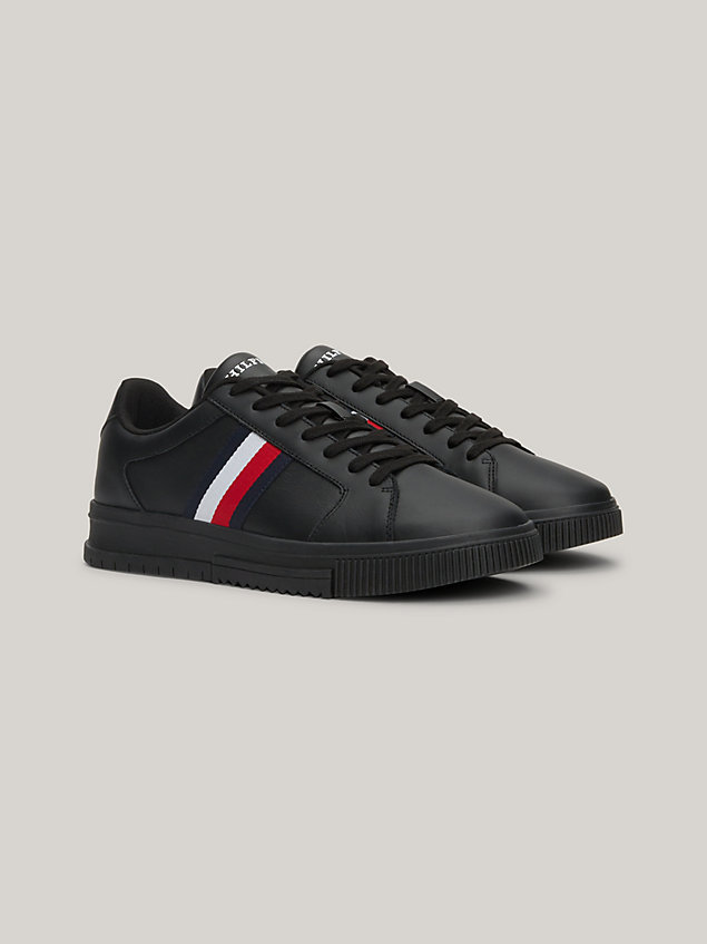 black essential leather signature tape trainers for men tommy hilfiger