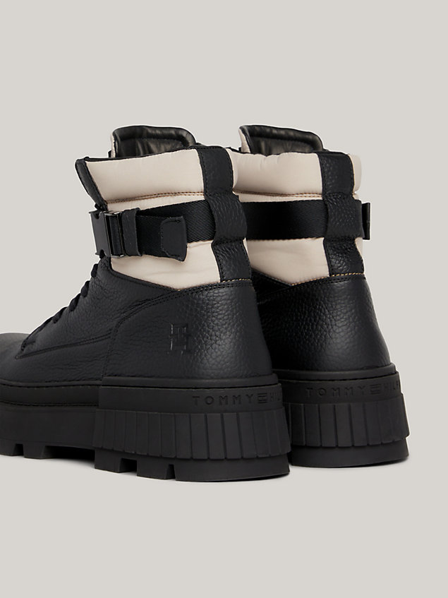 black elevated chunky cleat leather buckle boots for men tommy hilfiger