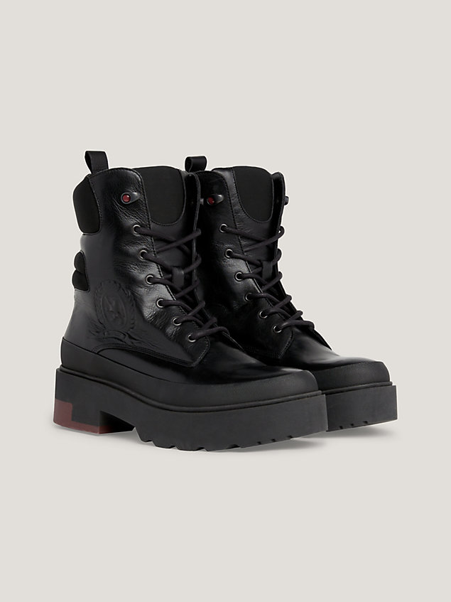 black crest leather lace-up cleat ankle boots for men tommy hilfiger