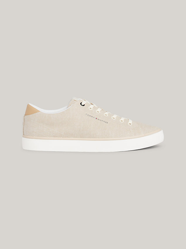 beige linen chambray lace-up trainers for men tommy hilfiger