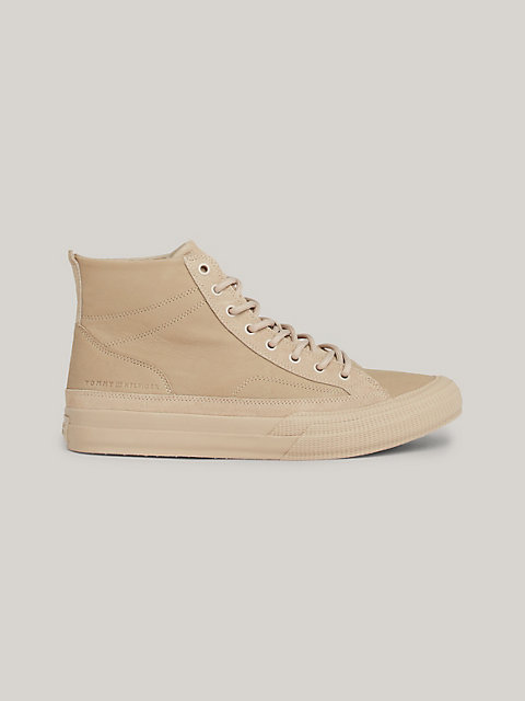 beige premium nubuck leather high-top trainers for men tommy hilfiger