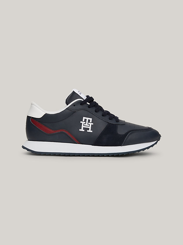 blue leather th monogram serrated runner trainers for men tommy hilfiger