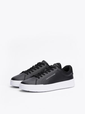 zwart leren court sneaker met logo voor heren - tommy hilfiger