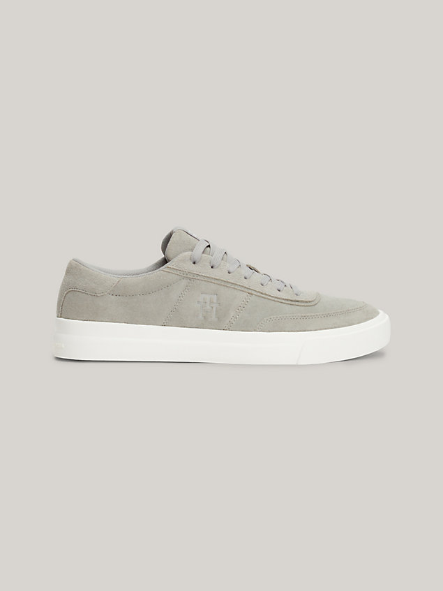 grey suede logo round toe trainers for men tommy hilfiger