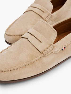 mocassini casual antiscivolo in pelle beige da uomini tommy hilfiger