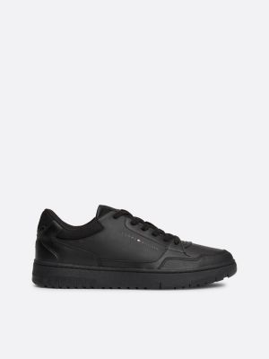 black essential leather logo basketball trainers for men tommy hilfiger